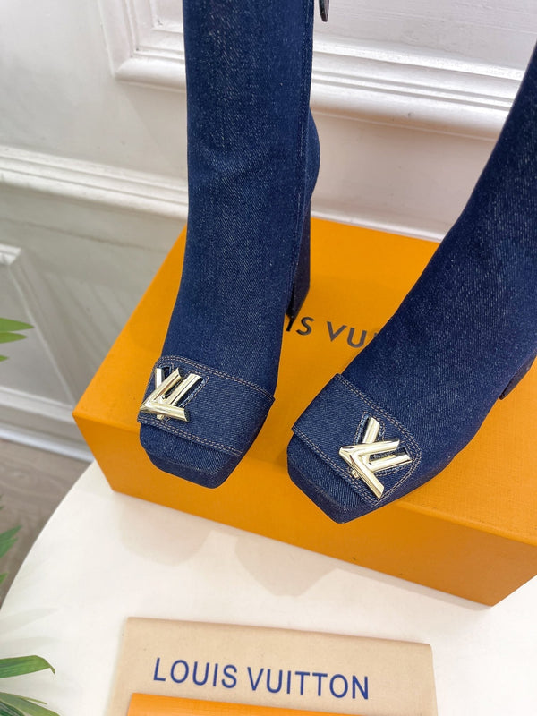 Stivaletto alla caviglia LV Shake Platform 120mm in tessuto denim blu scuro