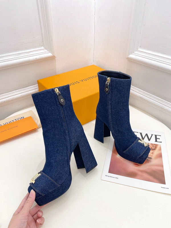 Stivaletto alla caviglia LV Shake Platform 120mm in tessuto denim blu scuro