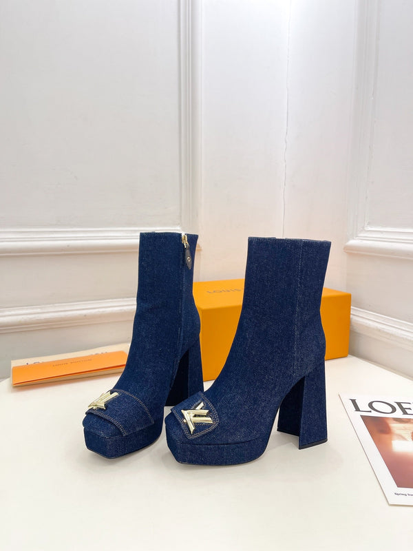 Stivaletto alla caviglia LV Shake Platform 120mm in tessuto denim blu scuro