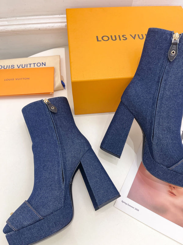 Stivaletto alla caviglia LV Shake Platform 120mm in tessuto denim blu scuro