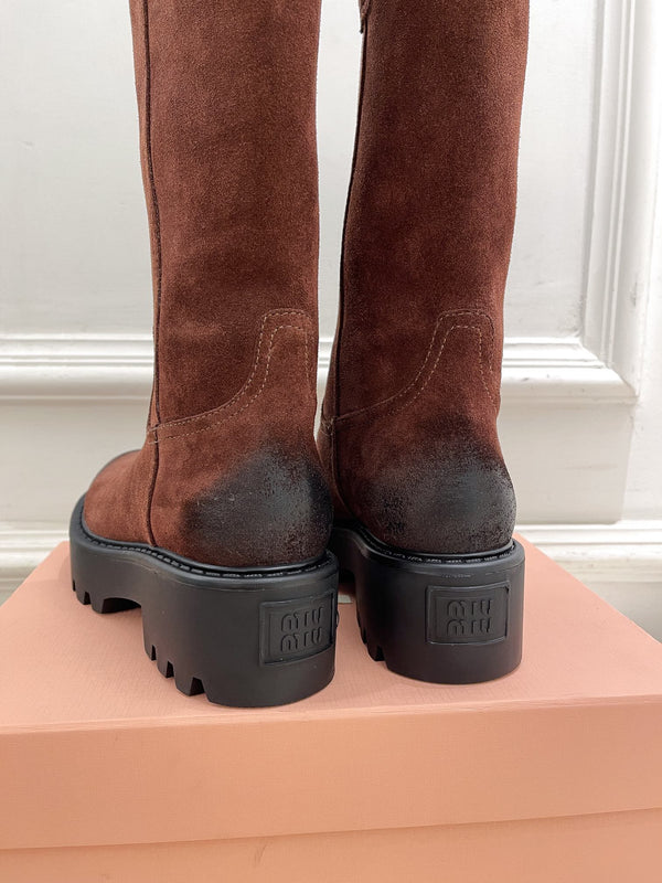 Miu short Boots Red Brown Sude