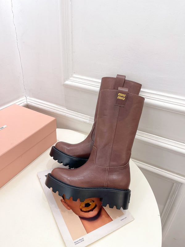 Miu Short Boots Dark Pink Brown Calfskin