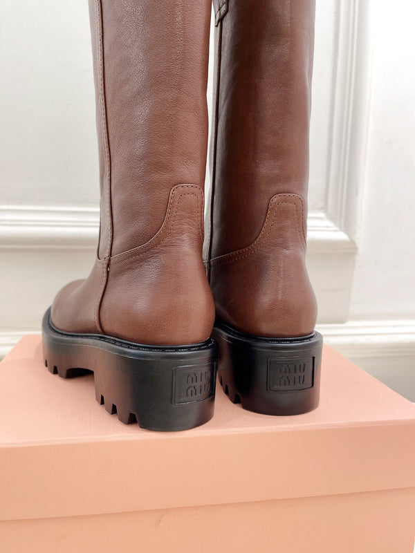 Miu Short Boots Dark Pink Brown Calfskin