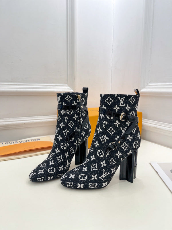 Stivaletti LV Silhouette 100mm Tessuto jacquard monogramma nero