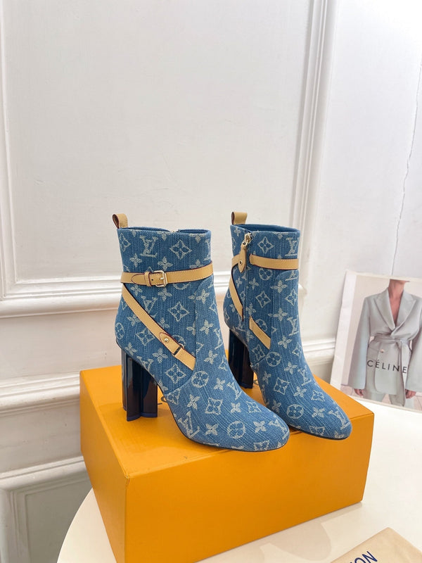 LV Silhouette Ankle Boots 100mm Dark Blue Monogram Jacquard Fabric
