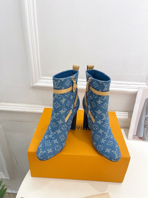 LV Silhouette Ankle Boots 100mm Dark Blue Monogram Jacquard Fabric