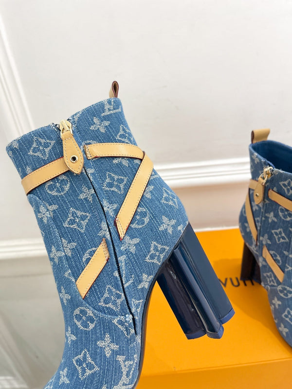 LV Silhouette Ankle Boots 100mm Dark Blue Monogram Jacquard Fabric