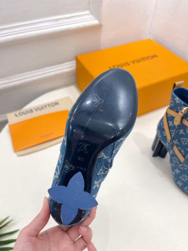 LV Silhouette Ankle Boots 100mm Dark Blue Monogram Jacquard Fabric
