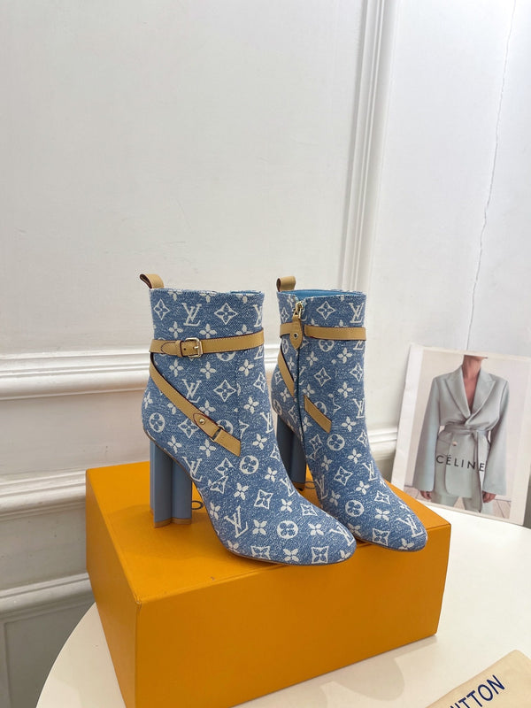Stivaletti LV Silhouette 100mm Tessuto jacquard monogramma azzurro chiaro