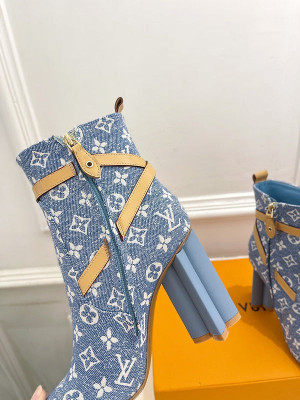 Stivaletti LV Silhouette 100mm Tessuto jacquard monogramma azzurro chiaro