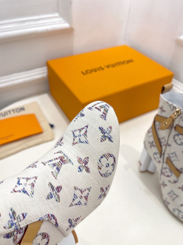 LV Silhouette Ankle Boots 100mm White Monogram Jacquard Fabric