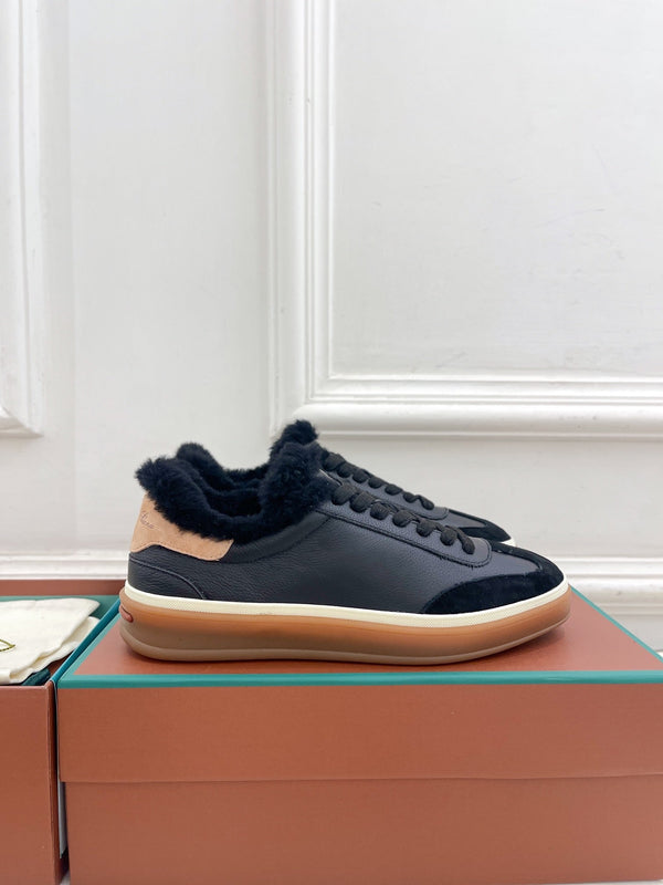LP Tennis Walk Sneaker In Black Cowhide Lined With Wool Fleece 988262