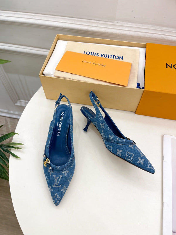 SLINGBACKS ALTI 5 CM IN TESSUTO DENIM MONOGRAM BLU CLASSICO