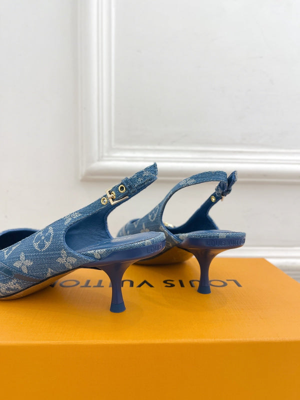 SLINGBACKS ALTI 5 CM IN TESSUTO DENIM MONOGRAM BLU CLASSICO