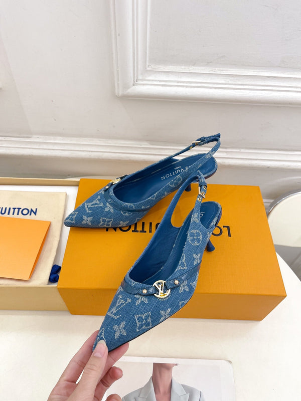 SLINGBACKS ALTI 5 CM IN TESSUTO DENIM MONOGRAM BLU CLASSICO