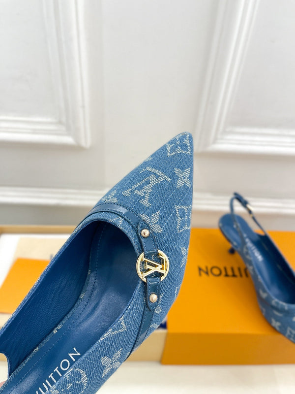 SLINGBACKS ALTI 5 CM IN TESSUTO DENIM MONOGRAM BLU CLASSICO