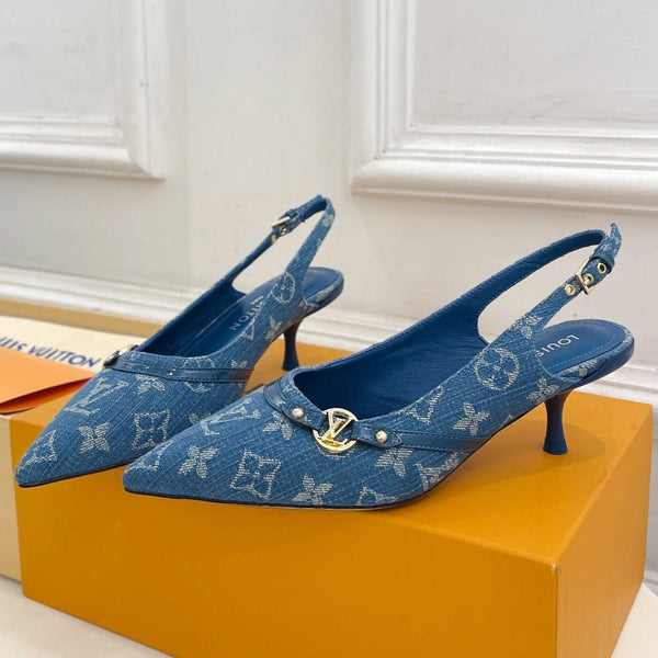 SLINGBACKS ALTI 5 CM IN TESSUTO DENIM MONOGRAM BLU CLASSICO