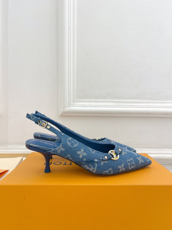 SLINGBACKS ALTI 5 CM IN TESSUTO DENIM MONOGRAM BLU CLASSICO