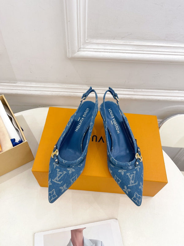 SLINGBACKS ALTI 5 CM IN TESSUTO DENIM MONOGRAM BLU CLASSICO