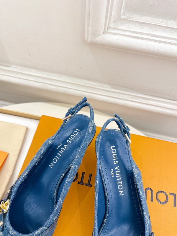 SLINGBACKS ALTI 5 CM IN TESSUTO DENIM MONOGRAM BLU CLASSICO