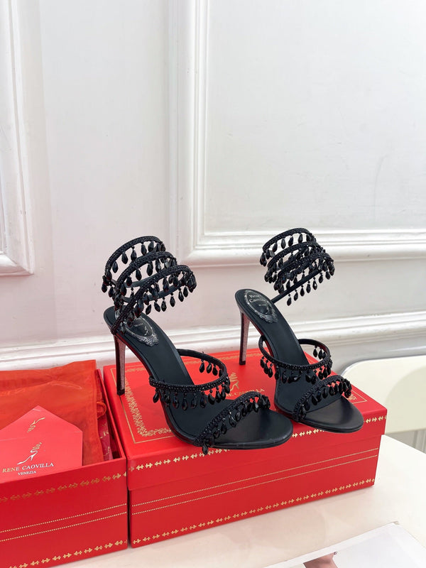 Sandali con tacco alto e nappe in cristallo RC 25, seta nera, cristallo, diamante 253539