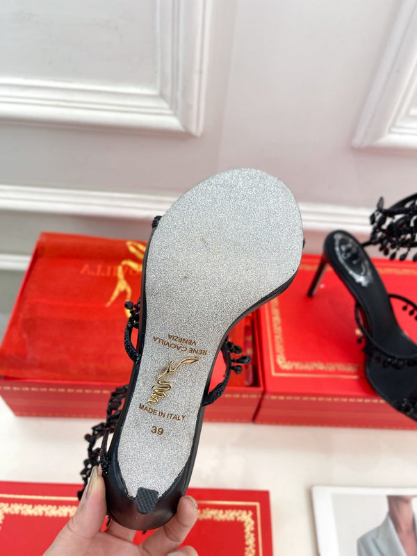 Sandali con tacco alto e nappe in cristallo RC 25, seta nera, cristallo, diamante 253539