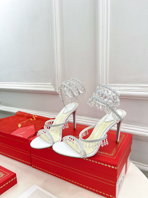 Sandali con tacco alto e nappe in cristallo RC 25, seta bianca, cristallo, diamante 253540