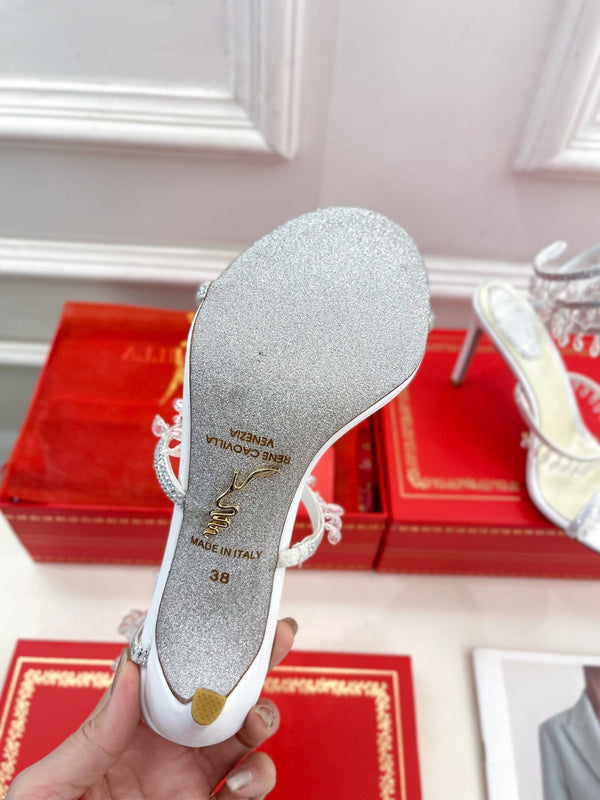 Sandali con tacco alto e nappe in cristallo RC 25, seta bianca, cristallo, diamante 253540