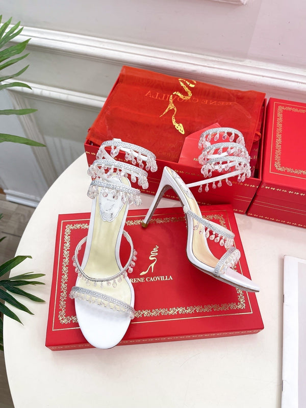 Sandali con tacco alto e nappe in cristallo RC 25, seta bianca, cristallo, diamante 253540