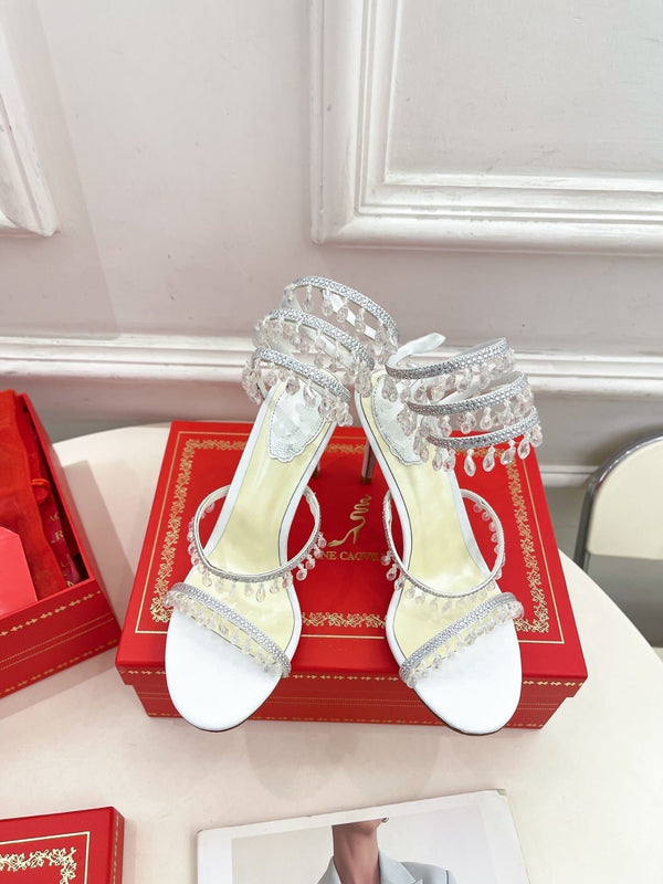 RC 25 Crystal Tassel High-Heeled Sandals White Silk Crystal Diamond 253540