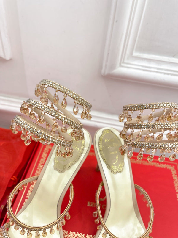 RC 25 Crystal Tassel High-Heeled Sandals Pink Nude Silk Crystal Diamond 251008