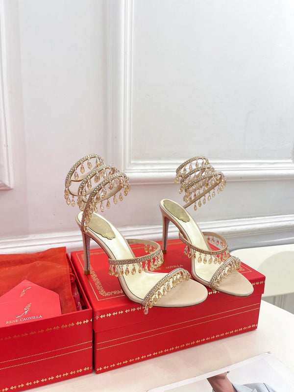 RC 25 Crystal Tassel High-Heeled Sandals Pink Nude Silk Crystal Diamond 251008