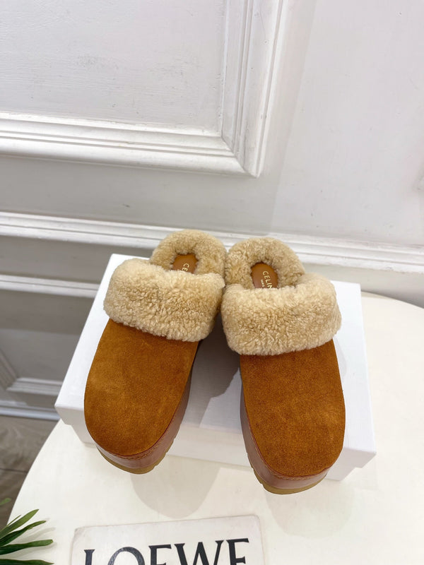 CL 25s Dana Wedge Mule 80mm Brown Beige Suede Calfskin & Shearling
