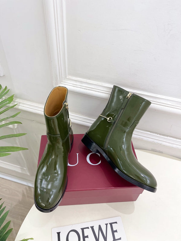 Gucci 25𝐬𝐬 horsebit ankle boots dark olive green patent calfskin
