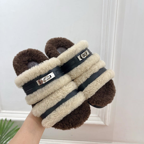 HM Slippers Classic Kelly Sliver Buckle Brown Black Wool