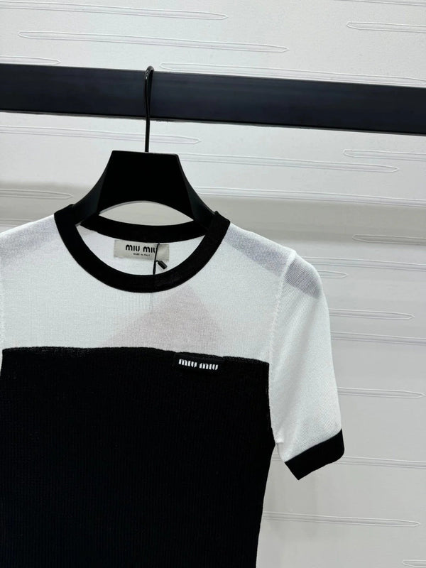 MIUMIU CREW NECK SHORT-SLEEVE SHEER KNIT TOP 274813