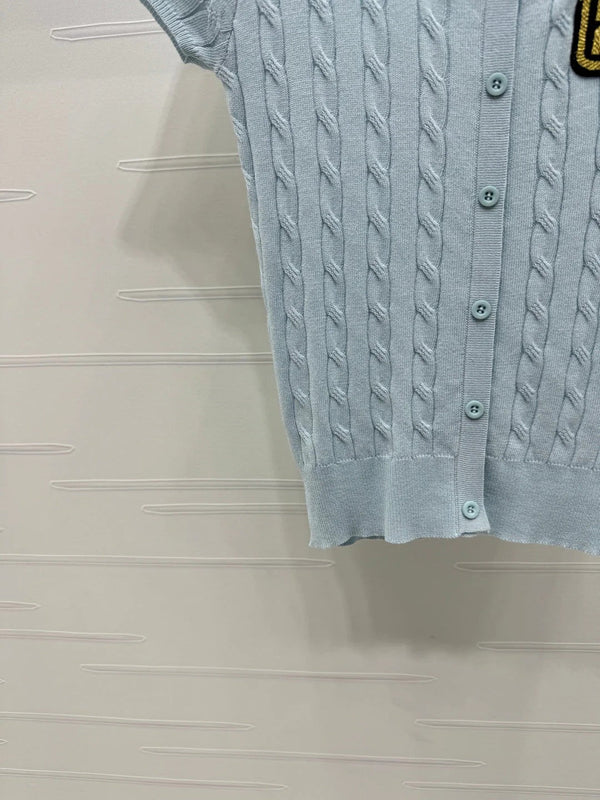 MIUMIU U-NECK KNITTED SHORT-SLEEVE TOP LIGHT BLUE 274948