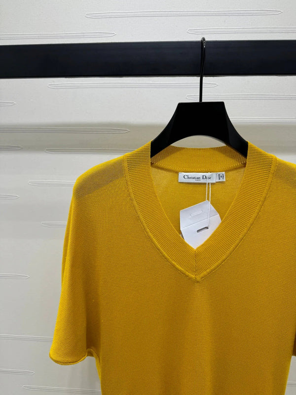 DIOR V-NECK KNITTED SHORT-SLEEVE T-SHIRT YELLOW 274935