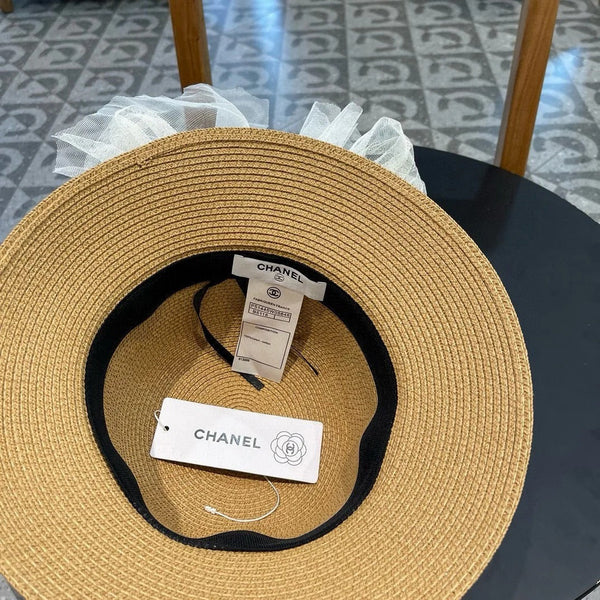 STRAW HAT BOW WITH PEARL BROWN 672697