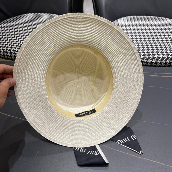 MM SMALL-BRIM STRAW HAT IN CREAM WHITE AND PEARL EMBELLISHED