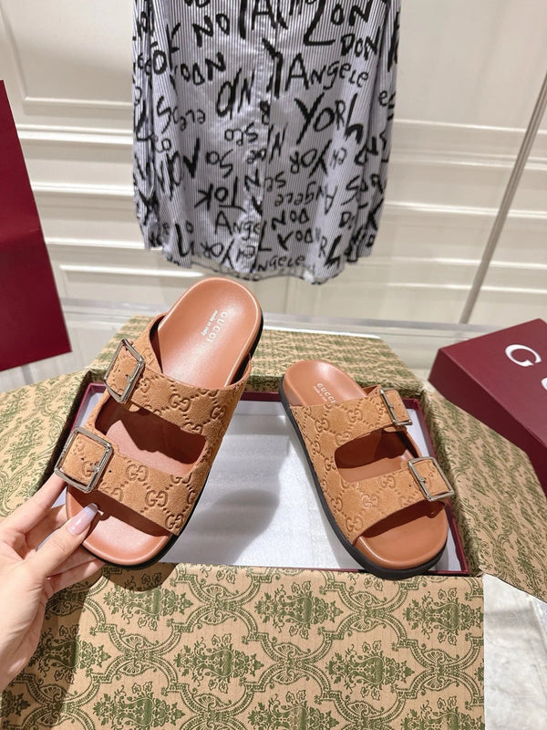 SANDALS IN BURNT ORANGE SUEDE EMBOSSED LOGO SILVER HARDWARE