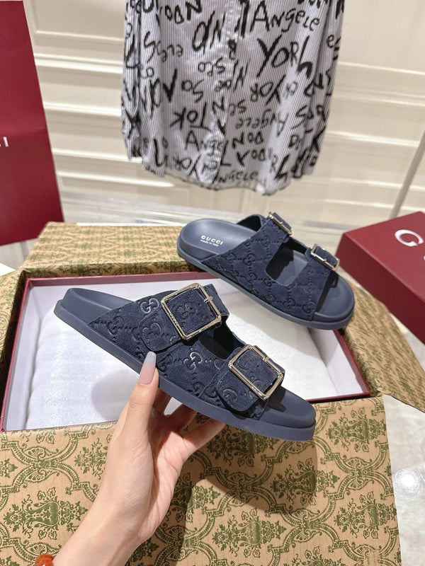 SANDALS IN NAVY BLUE SUEDE EMBOSSED LOGO SILVER HARDWARE