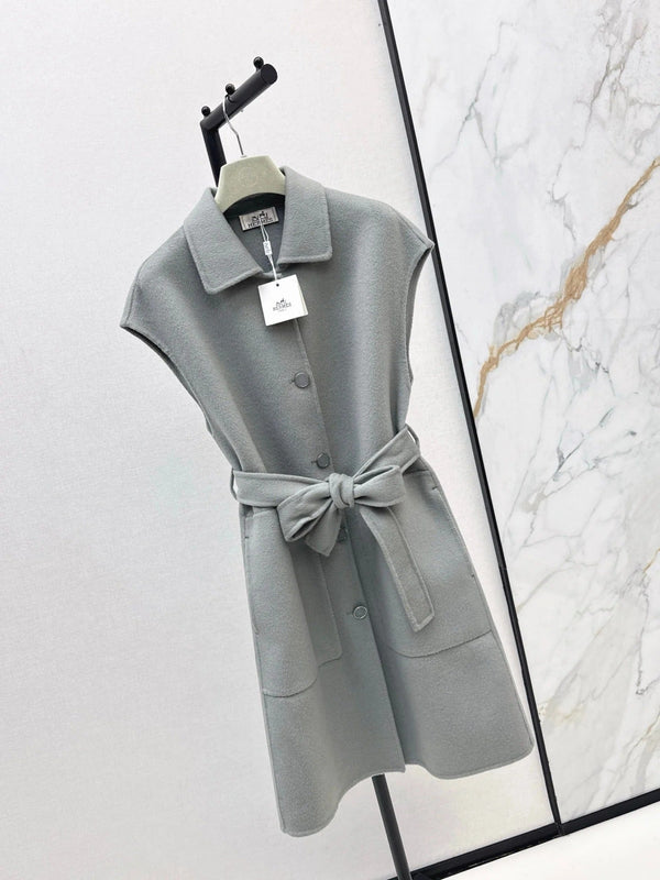 HERMES 25S SLEEVELESS WOOL VEST COAT WITH BOW BELT 96700
