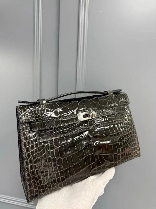 HM KELLY MINI 22 IN BROWN AMERICAN ALLIGATOR SILVER BUCKLE