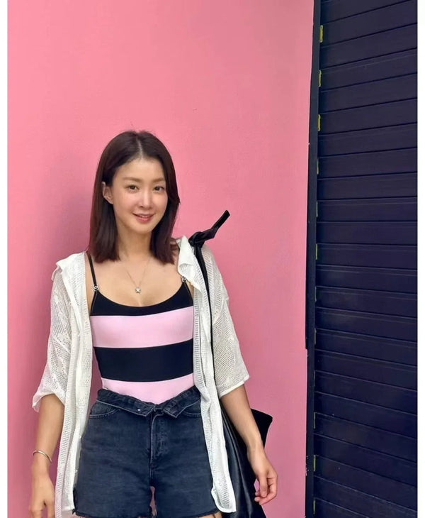 SWIMSUIT IN BLACK AND PINK HORIZONTAL STRIPES 626019