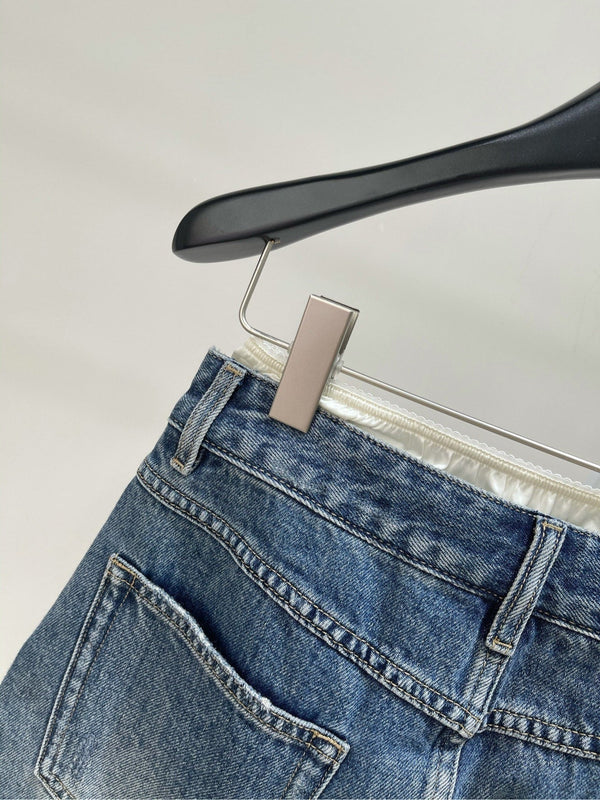 MIUMIU PATCHED DENIM SKIRT WITH LACE 275946