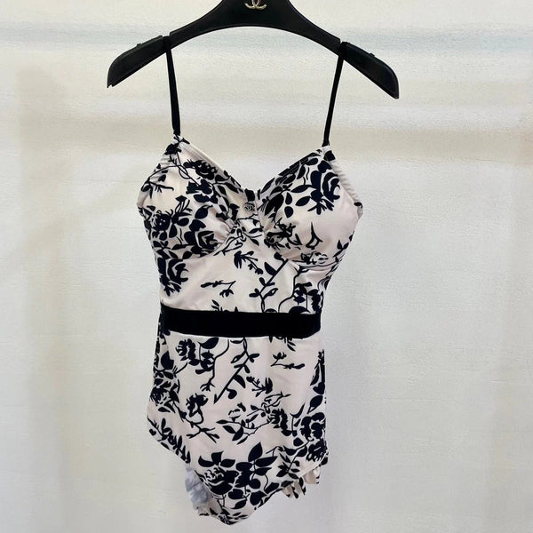 CC BIKINI SWIMSUIT SET IN IVORY WITH BLACK VELVET FLORAL EMBROIDERY 581303