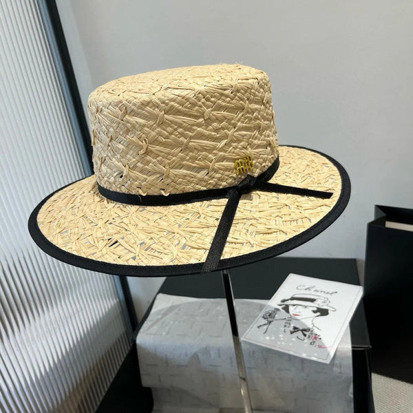 MM STRAW HAT IN BEIGE RAFFIA MIX BLACK FABRIC TRIM