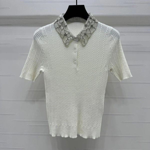 MIU 25S SHORT SLEEVE BEADED COLLAR SHIRT 264247