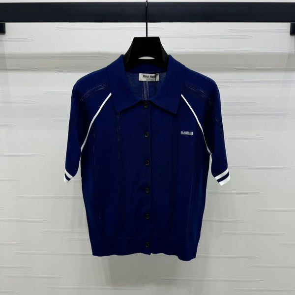 MIU 25S ROUND NECK STRIPED KNIT RAGLAN SHORT SLEEVES 264109